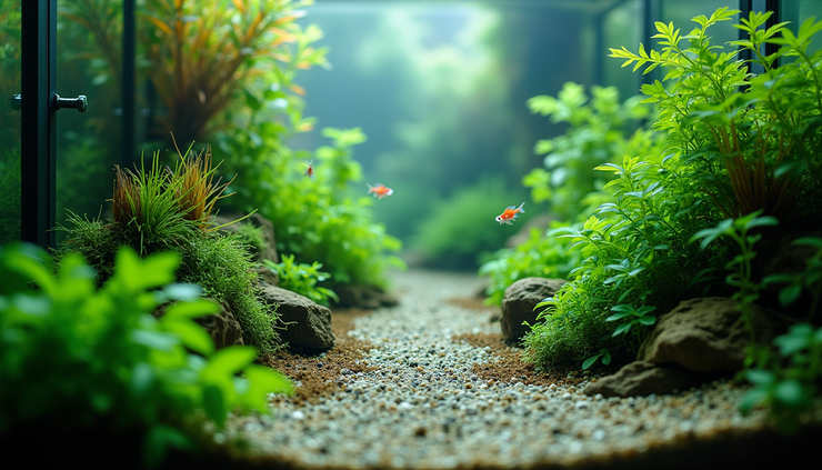 High angle view of a well-planted aquarium with clear water and diverse aquatic plants