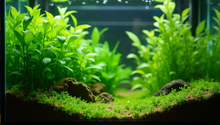 Close-up view of healthy aquatic plants growing densely in a planted aquarium