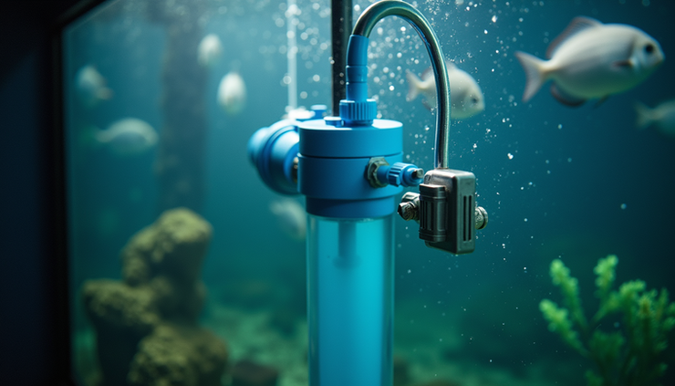 Close-up view of aquarium filtration and heating equipment installed inside a large tank