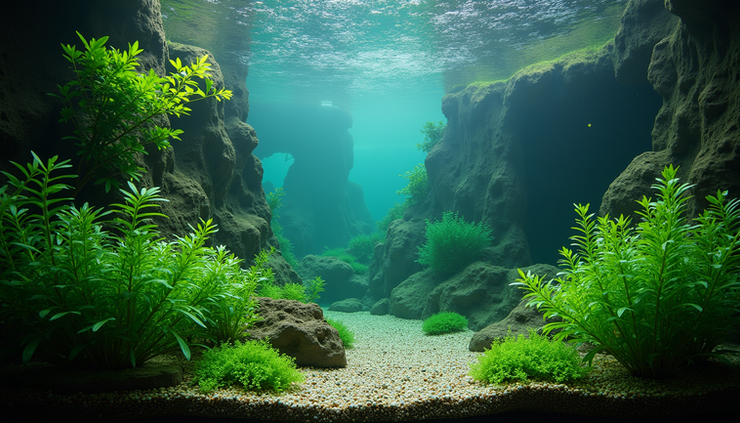 High angle view of a large aquarium with healthy plants and clear water