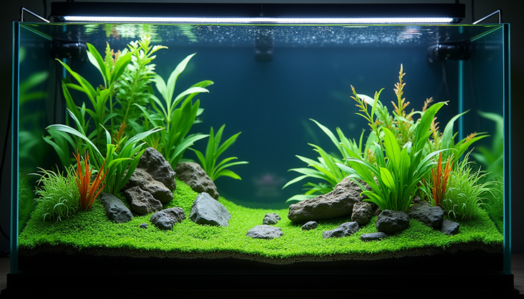 Close-up view of a high-tech planted aquarium with vibrant plants and CO2 diffuser