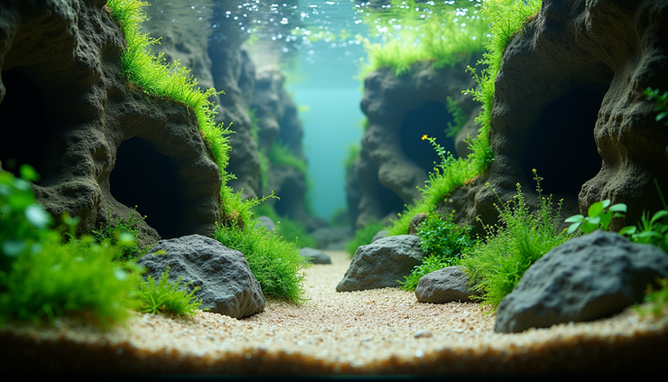 Eye-level view of a well-planted aquarium with hiding spots and clear water