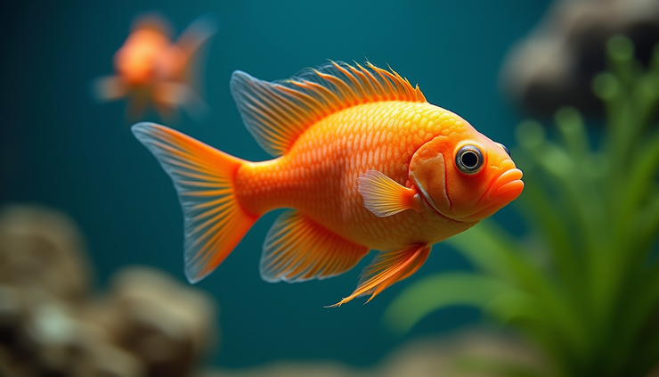 Close-up view of a brightly colored aggressive cichlid fish in a freshwater aquarium