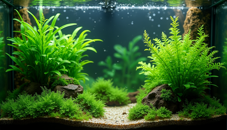 High angle view of a planted aquarium with diverse aquatic plants and clear water