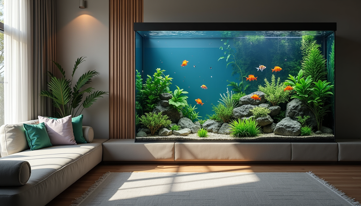 High angle view of a stylish living room corner featuring a modern aquarium with tropical fish