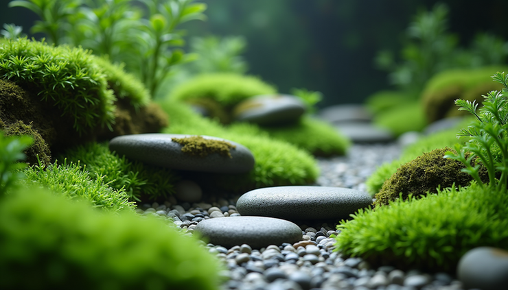Close-up view of an Iwagumi aquascape with carefully arranged stones and green carpet plants