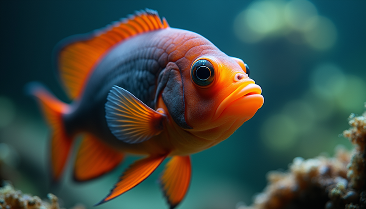 Close-up view of an Oscar fish displaying bright orange and black patterns