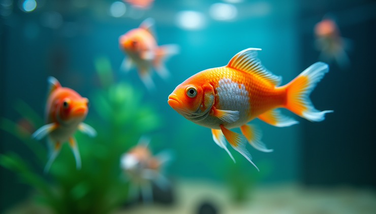 Eye-level view of a well-lit aquarium with clear water and healthy fish