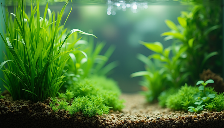 Close-up view of a lush planted aquarium with no fish visible