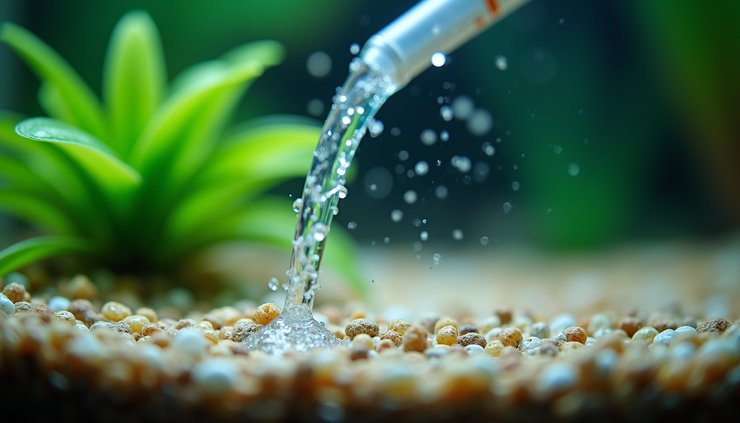 Eye-level view of aquarium siphon hose removing water and debris