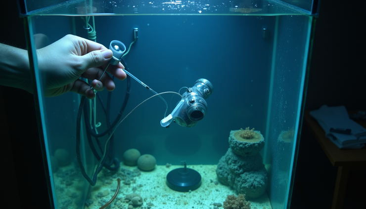 High angle view of aquarium equipment being checked after power outage