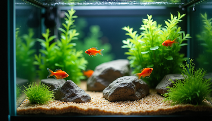 High angle view of a small aquarium with colorful fish swimming around plants and rocks
