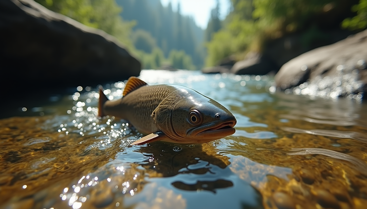 Eye-level view of a Chocolate Mahseer swimming in a rocky stream environment