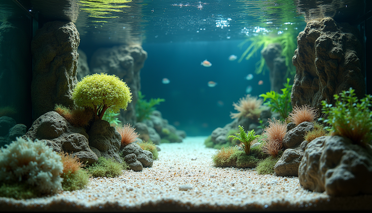 Eye-level view of a planted aquarium featuring Monte Carlo carpet around rocks and driftwood