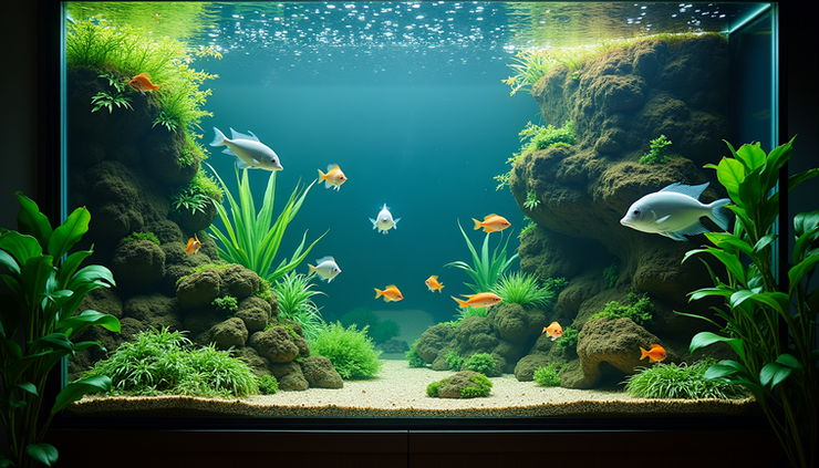 Eye-level view of a large custom-built aquarium with diverse fish and lush aquatic plants