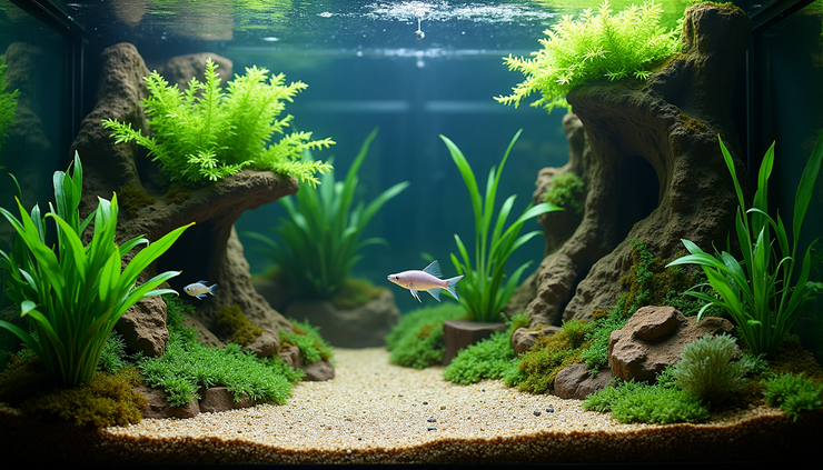 High angle view of a well-decorated aquarium with hiding spots and plants suitable for mixed fish species