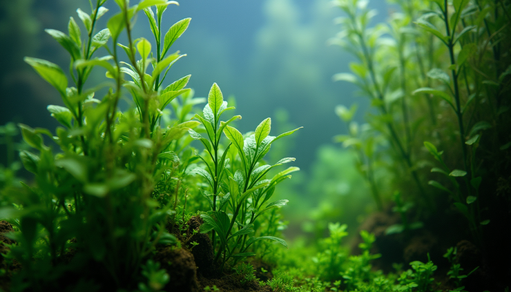 Close-up view of healthy aquatic plants growing underwater in a planted aquarium