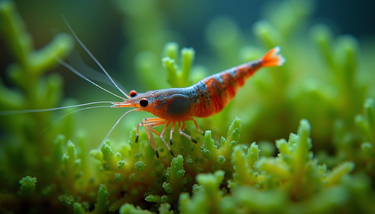 High angle view of Amano shrimp grazing on algae in a planted aquarium