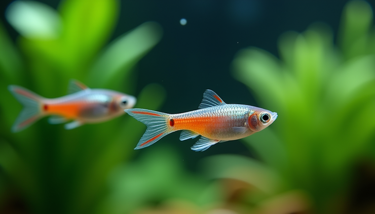 Eye-level view of a vibrant neon tetra swimming among green aquatic plants
