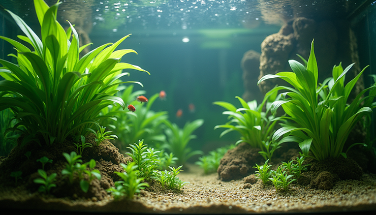 Eye-level view of aquarium with clear water and healthy aquatic plants