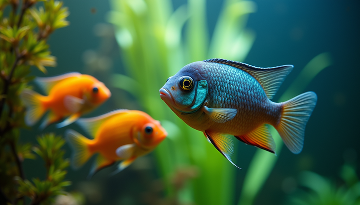 Close-up view of colorful tropical fish swimming near aquatic plants in an aquarium