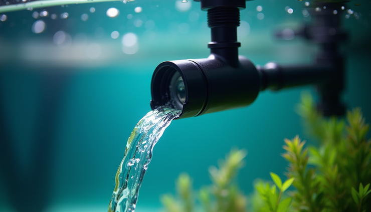 Close-up of a fish tank filter installed inside a clear aquarium