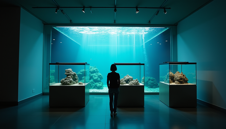 High angle view of a customer examining different aquarium tanks in a gallery