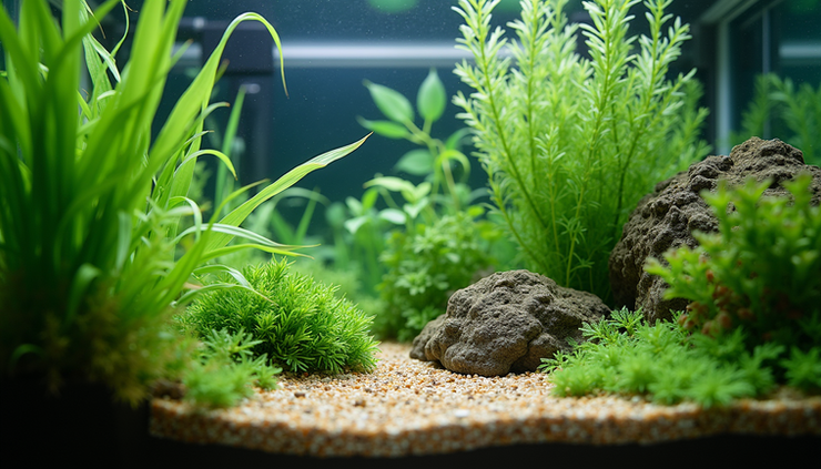 Eye-level view of a well-planted aquarium with lush green aquatic plants and clear water
