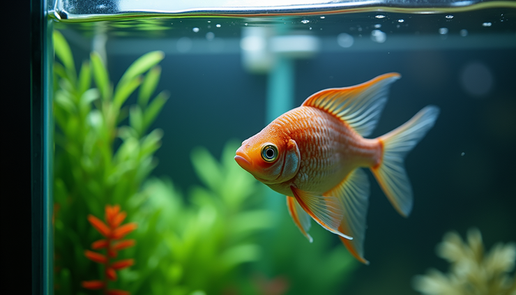 Eye-level view of a fish tank with a heater placed near the filter outlet