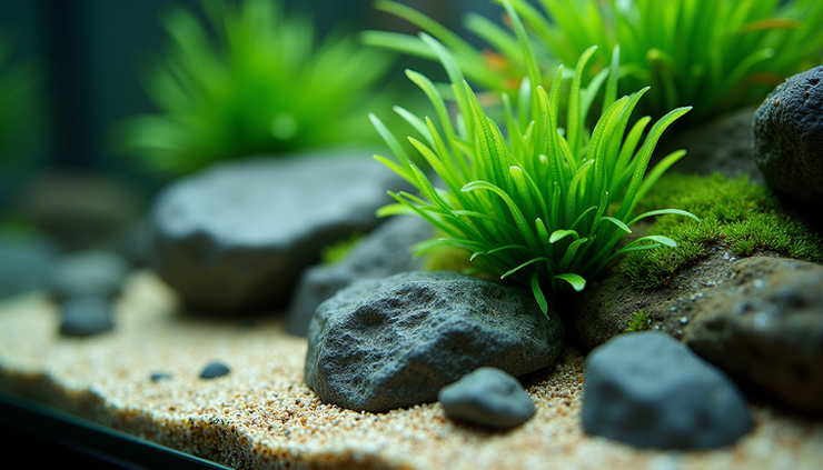 Close-up view of a small aquarium with layered rocks and lush green plants