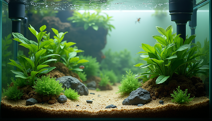 High angle view of planted aquarium with clear water and balanced filtration system