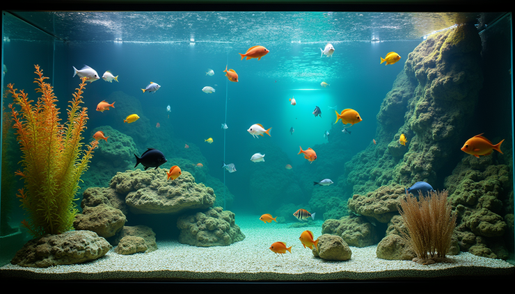 Eye-level view of a large aquarium tank filled with colorful fish and aquatic plants