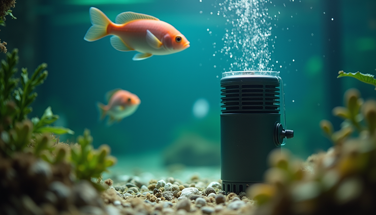 Close-up view of a submersible aquarium heater installed inside a fish tank
