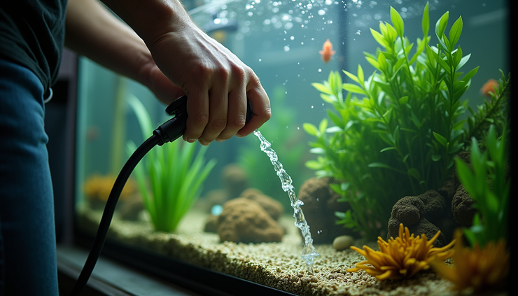 Eye-level view of a person carefully siphoning water from a planted aquarium