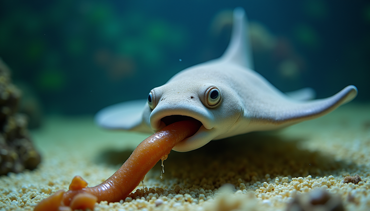 Close-up view of a stingray feeding on live worms in an aquarium