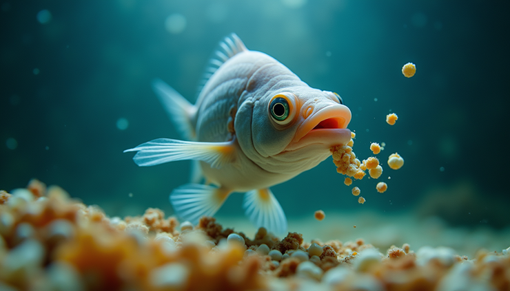 Close-up view of fish feeding in a large aquarium with excess food particles