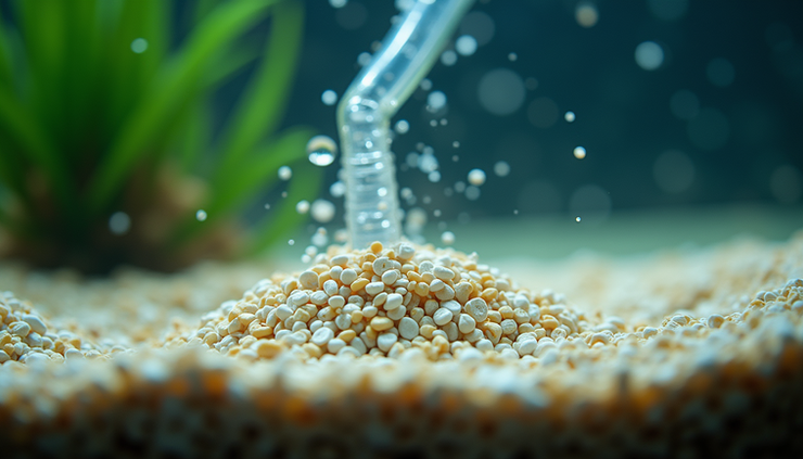 Close-up view of aquarium gravel being cleaned with a siphon tube