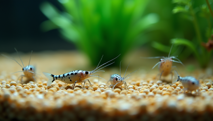 Eye-level view of aquarium gravel with small fish and shrimp