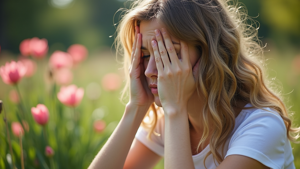 Close-up view of a person sitting outdoors surrounded by blooming flowers, with a distressed expression indicating allergenic troubles.