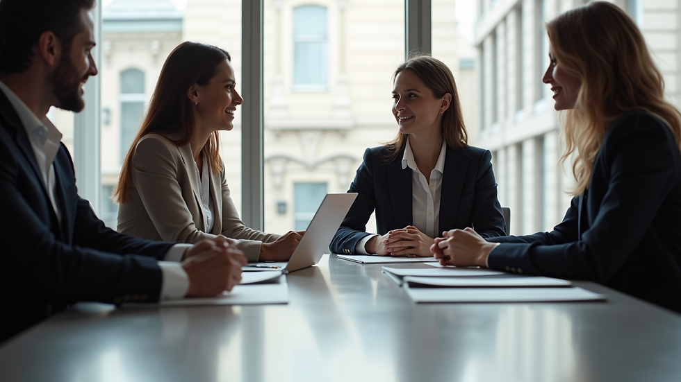 Eye-level view of a small business team having a feedback meeting around a table