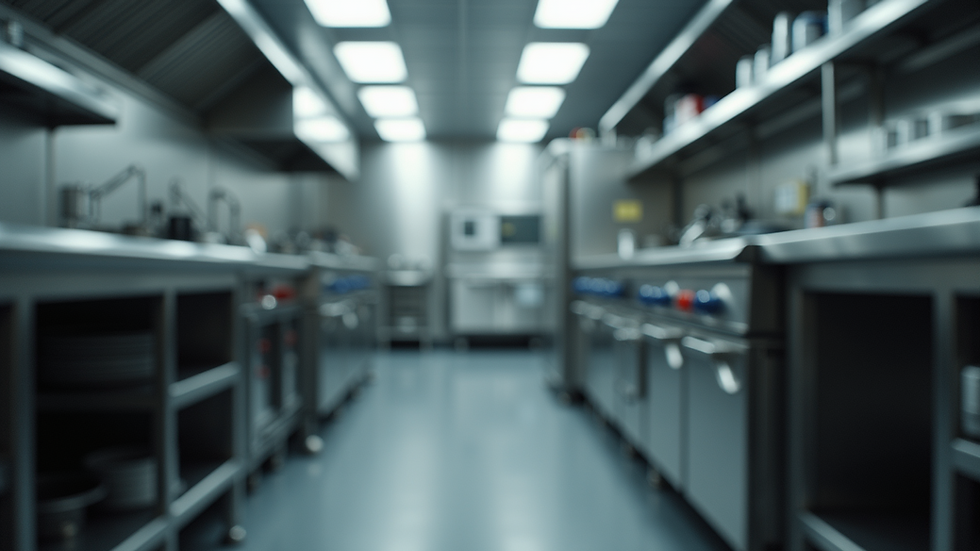 Eye-level view of a commercial kitchen with stainless steel appliances