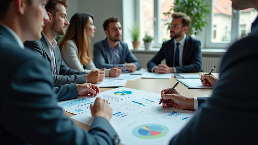 High angle view of a team meeting discussing customer data charts
