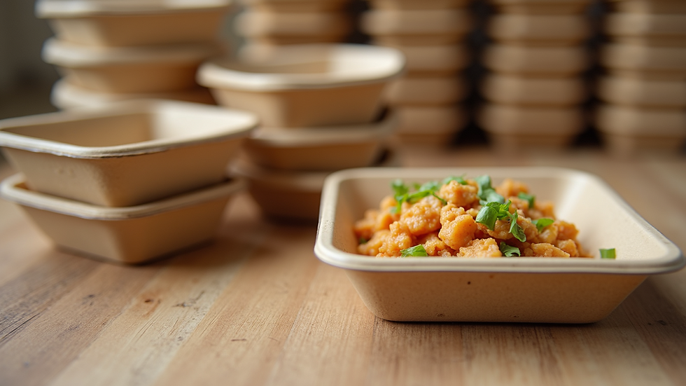 Close-up view of biodegradable food containers stacked neatly
