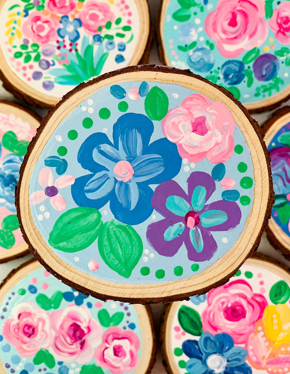 Original Hand Painted Wood Slice-Blue and Purple Flowers