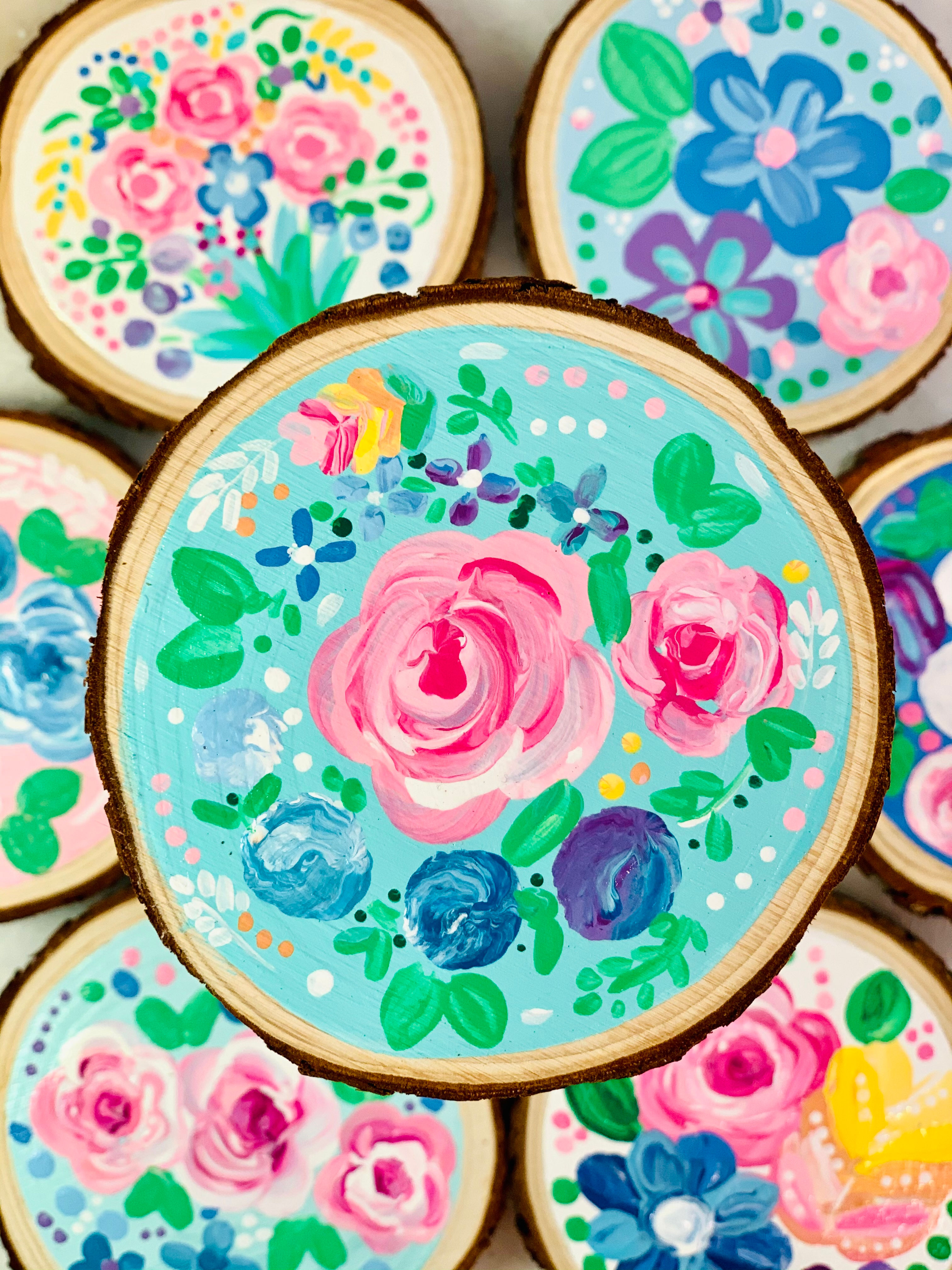 Original Hand Painted Wood Slice-Roses