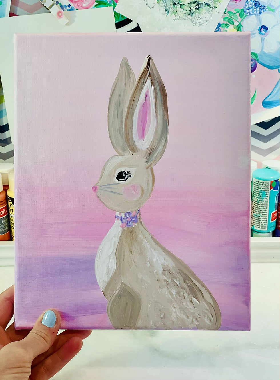 Thumbnail: Bunny girl pink with flower 8x10 canvas 