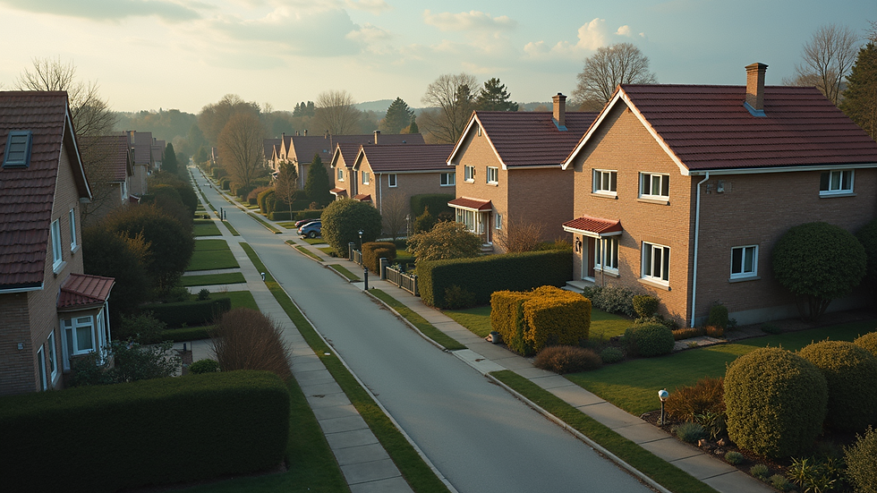High angle view of a residential neighborhood with secure homes