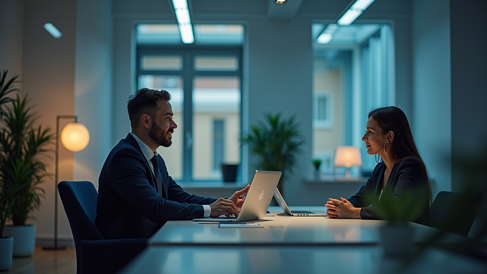 Vue rapprochée d’un conseiller en assurance discutant avec un client dans un bureau lumineux