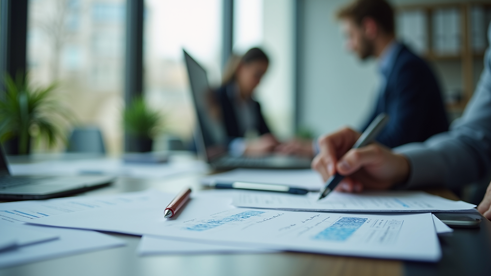 Vue rapprochée d’un bureau d’entreprise avec des documents d’assurance
