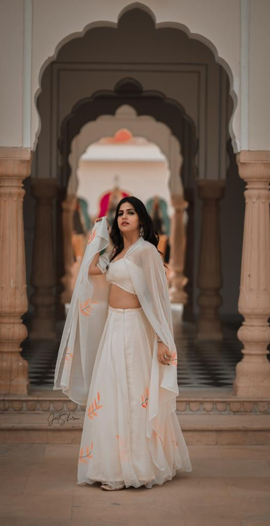 Thumbnail: Hand Painted Off White Lehnga Set